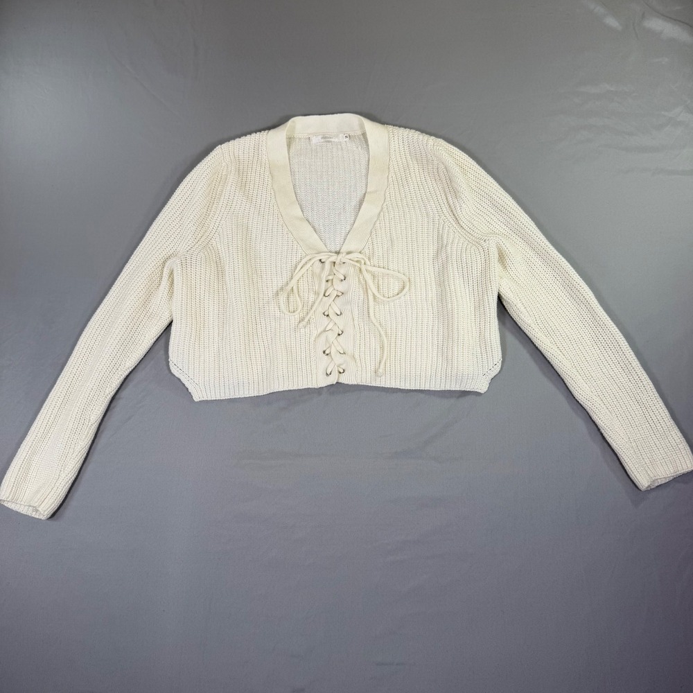 Millau Lace Up Cropped Cardigan Cream Ribbed Small Coquette Balletcore Fairycore